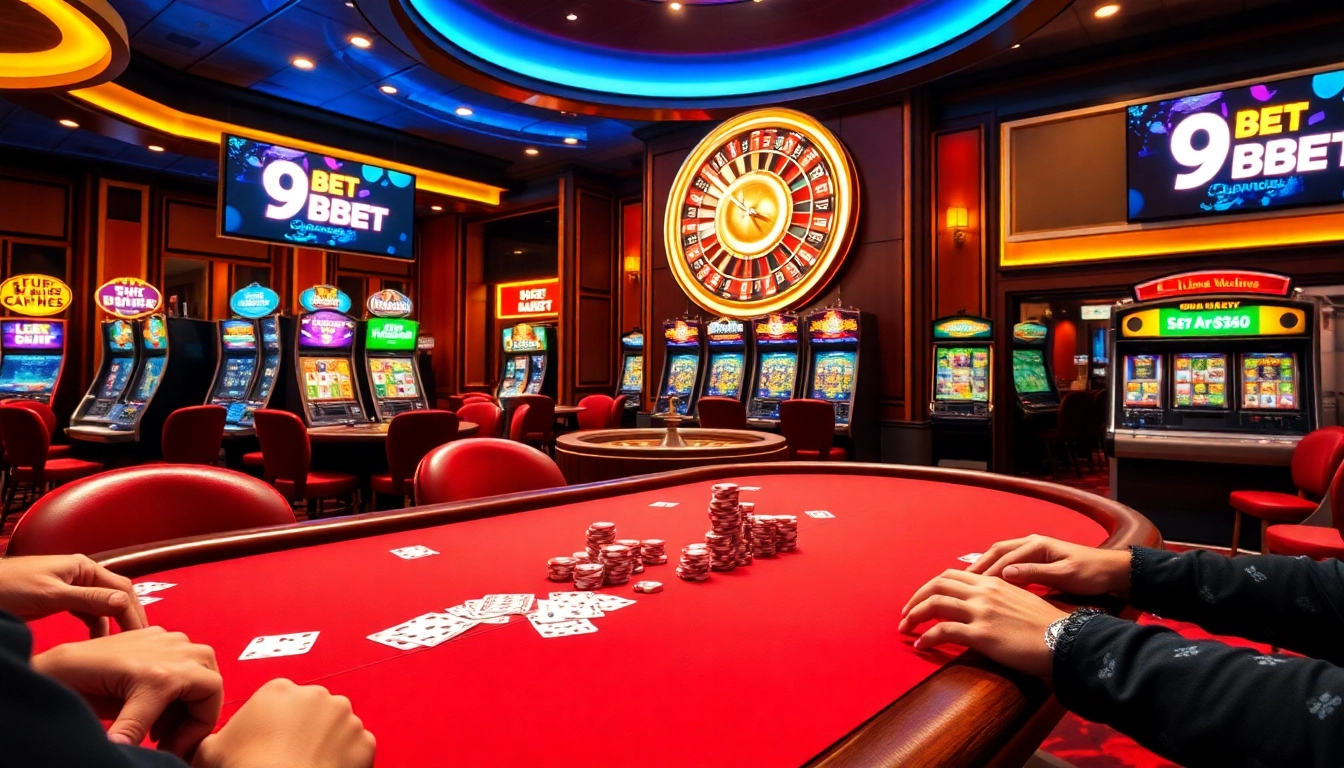 Experience a thrilling poker game at 9BET casino with colorful chips and an exciting atmosphere.