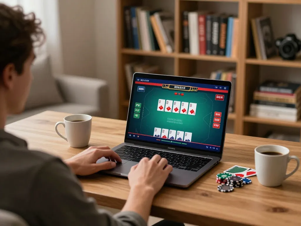 Engaged user at home playing llwin poker game online, enjoying a strategic gaming session.