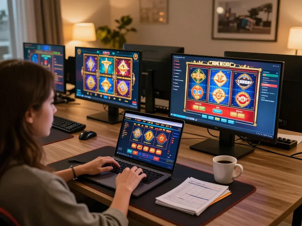 Engaging with Okking's online games in a cozy home setup, showcasing vibrant gameplay on screens