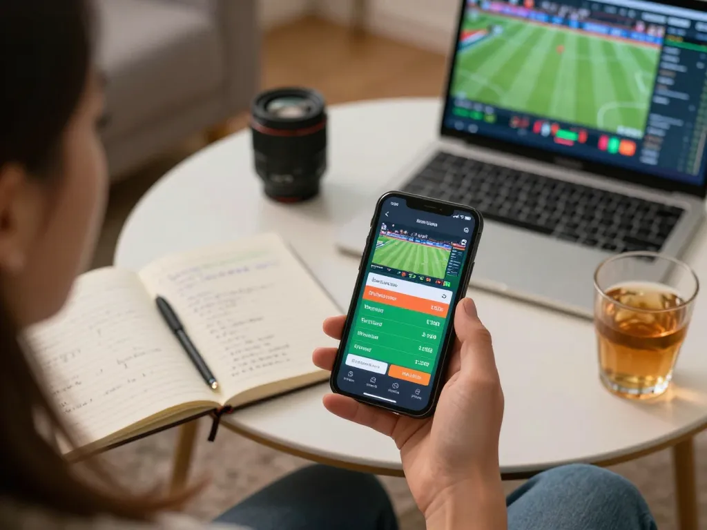 Engaging with MM88 sports betting app on a smartphone, analyzing live odds for informed gambling strategy