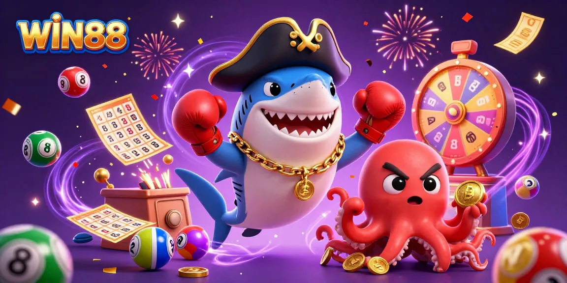 Win88 unleashes the excitement with colorful lottery elements and dynamic characters in a vibrant casino scene.