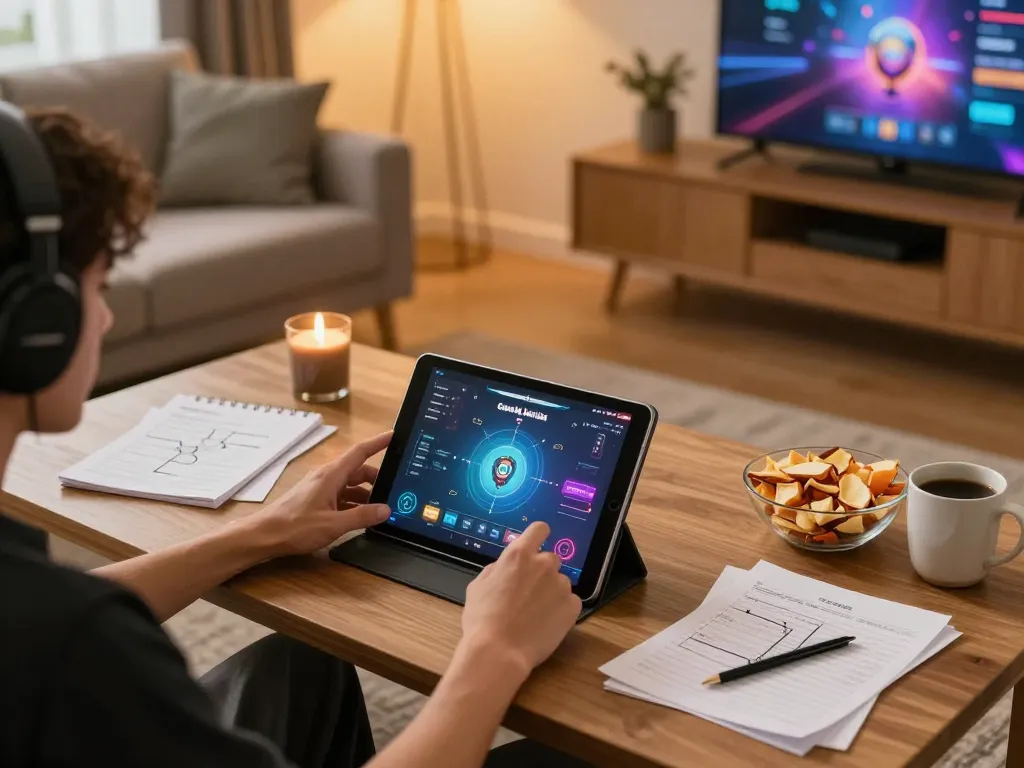 Engaging gameplay of Game bài đổi thưởng on tablet in a cozy living room with strategy notes.