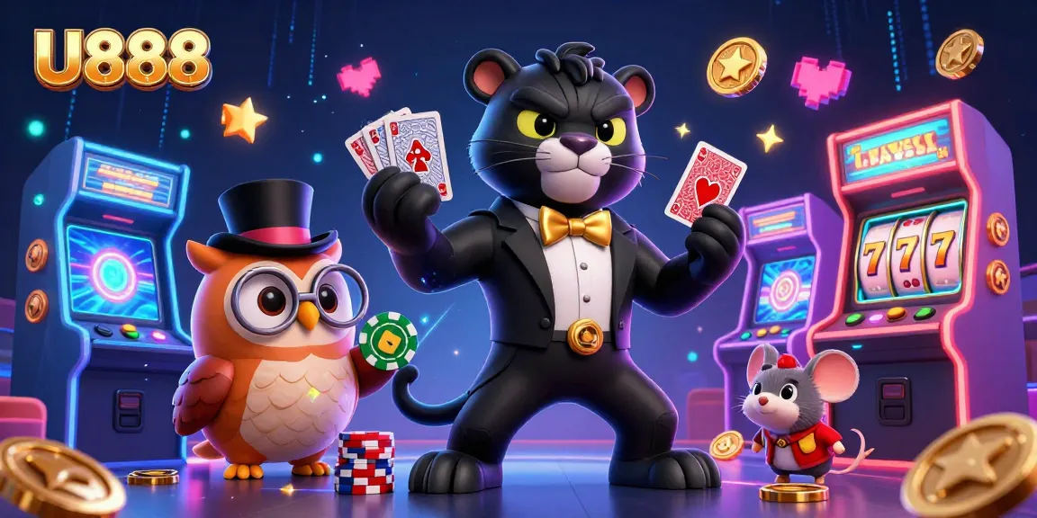 U888 presents a playful scene with a panther dealing cards at a vibrant casino setting.