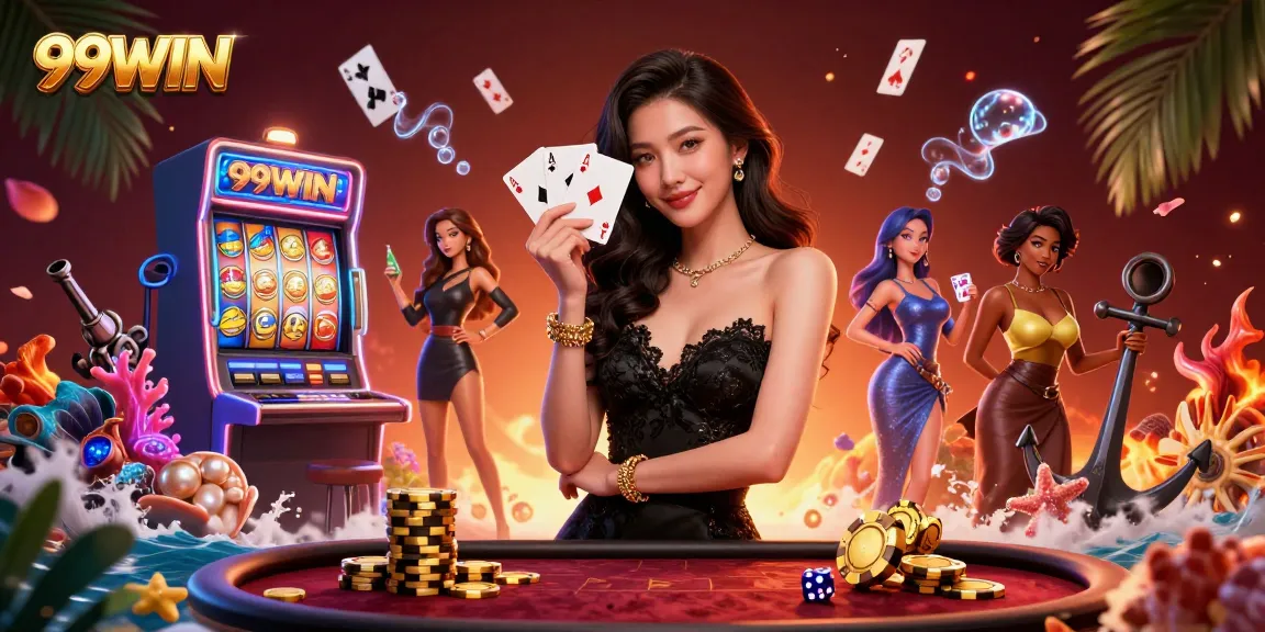 Experience the thrill of 99WIN with a glamorous Asian woman holding playing cards in a vibrant casino.