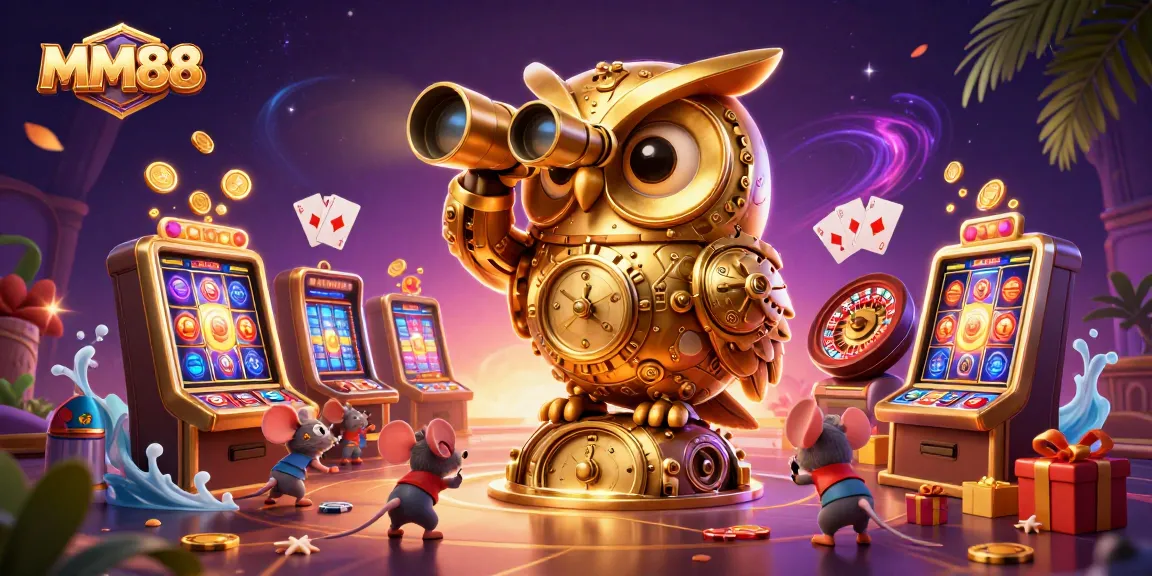 Experience MM88's vibrant casino world with a golden owl and lively gaming elements.