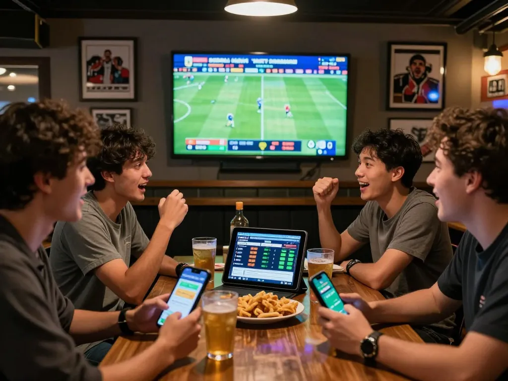 Friends enthusiastically discussing kèo nhà cái while watching a live football match at a sports bar.