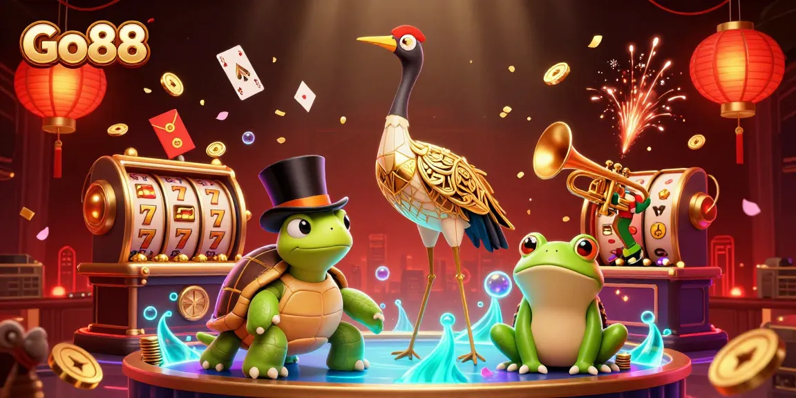 Experience high-stakes gaming with Go88's vibrant 3D casino illustration showcasing slot reels and festive elements.