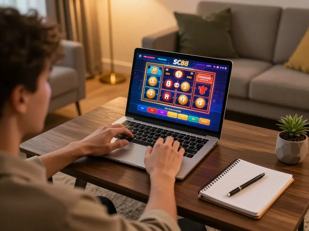 Engaging with SC88's online gaming platform, placing bets on slots and tables in a cozy setting