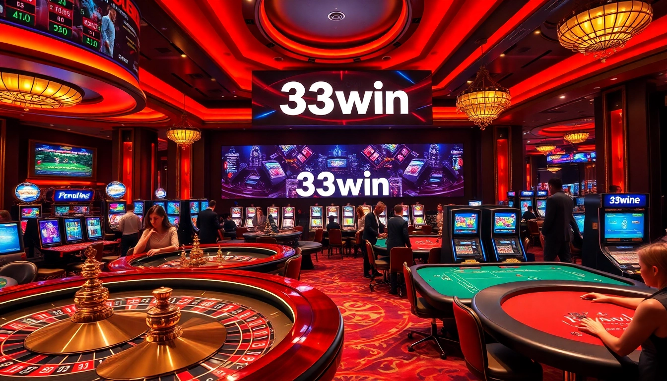 Players enjoying thrilling games at 33win casino, featuring vibrant tables and modern slot machines.