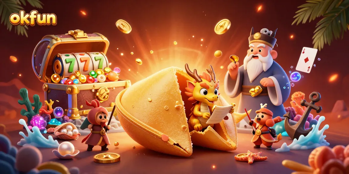 Spin the reels and reveal treasures with okfun in this thrilling golden-themed casino illustration.