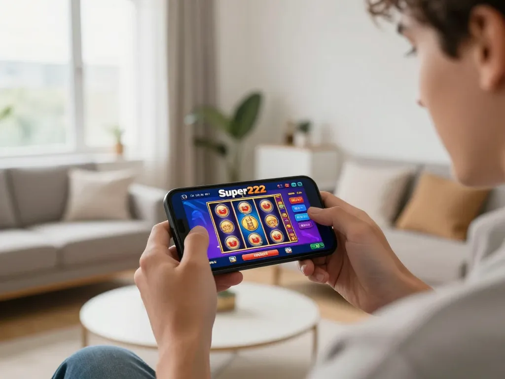 Player engaging with Super222 online casino on a smartphone in a bright living room, showcasing mobile gaming excitement.