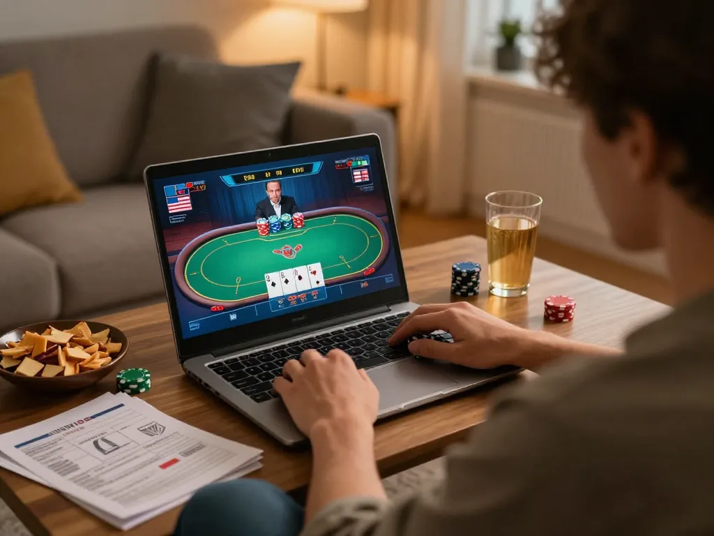 sin88 player enjoying online poker in a cozy home setting with snacks and strategy notes