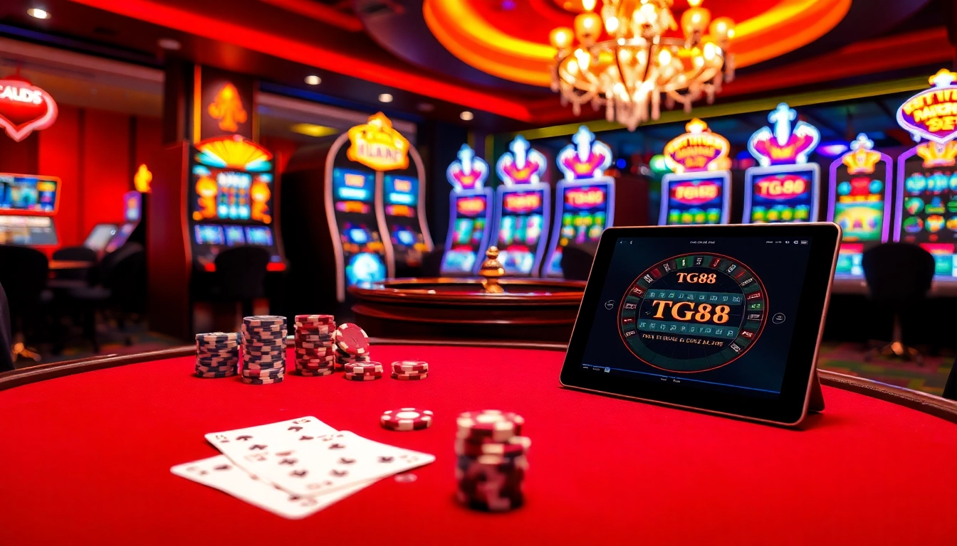 Experience the thrill of tg88 gaming at a luxurious casino with poker tables and roulette wheels.