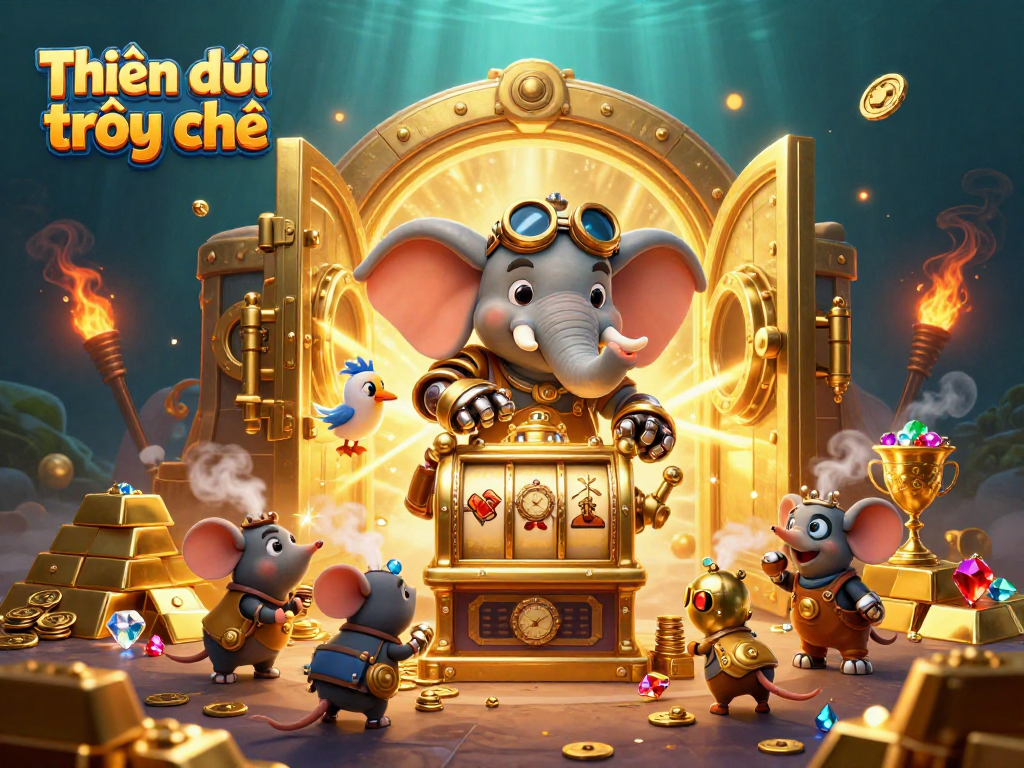 Engage with the captivating Thiên đường trò chơi featuring a steampunk elephant operating a slot machine.