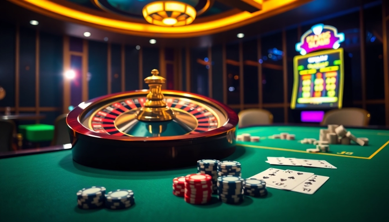 Spinning roulette wheel and poker chips highlighting SumClub's exciting gaming experience.