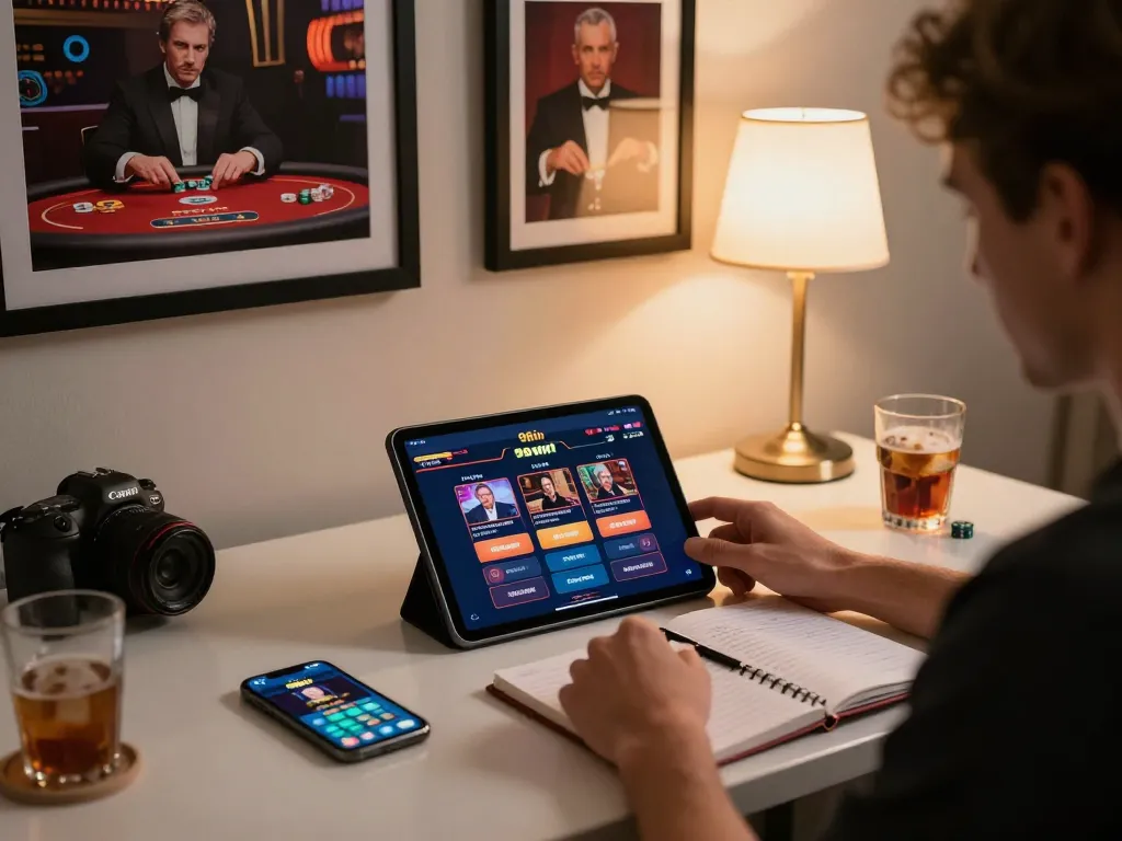 Engaging in online gaming activities with 98win on a tablet at a stylish desk setup