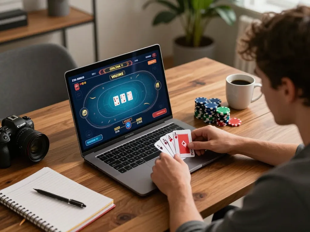 hb88 player focusing on online poker strategy during a home gaming session