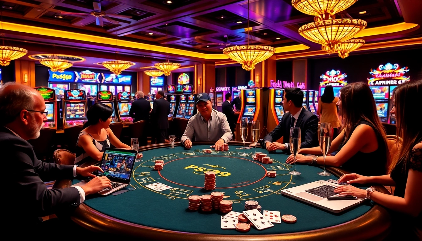 PS99 gamblers enjoying a thrilling poker game at a luxurious casino table.