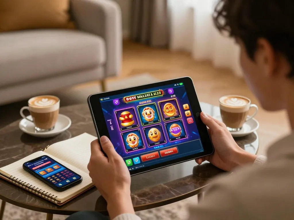 Winning on Slot Malaysia with a tablet in a cozy, modern gaming setup