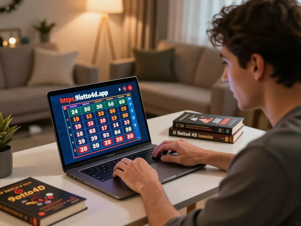 Player analyzing 9 Lotto 4D results on https://9lotto4d.app/ in a stylish home office, focusing on winning numbers.