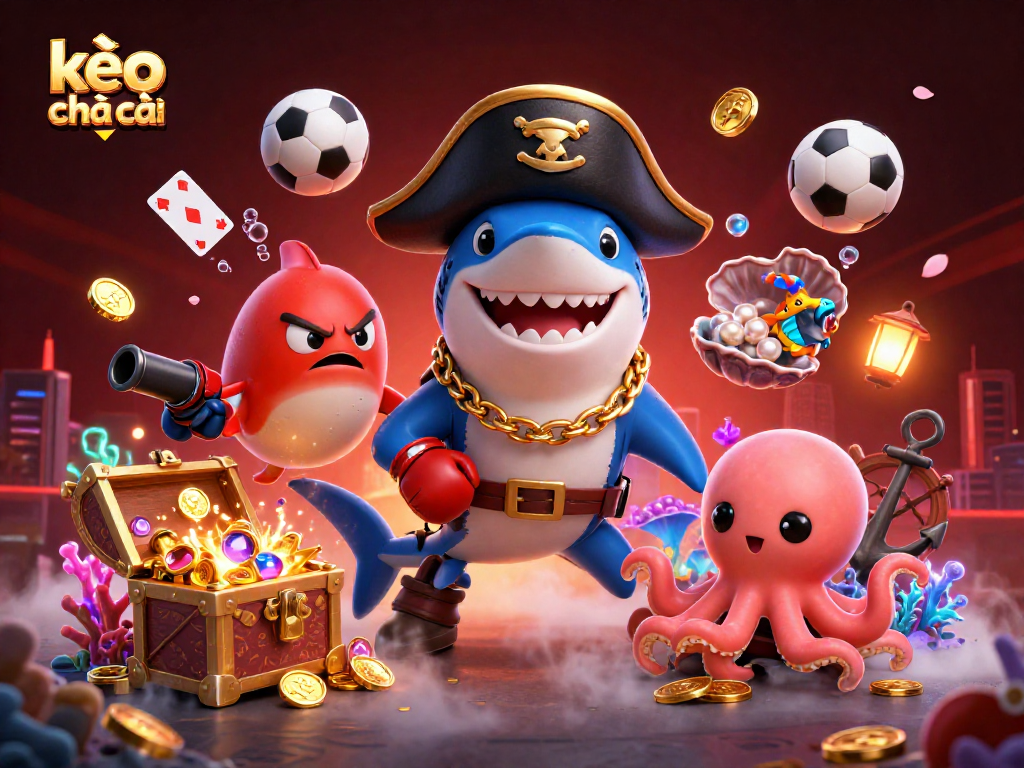 Engage with kèo nhà cái in this vibrant 3D scene featuring a fun pirate shark and underwater treasures.