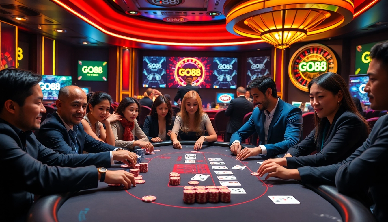 Players engaging in an exciting game at the GO88 casino table, showcasing vibrant poker chips and cards.