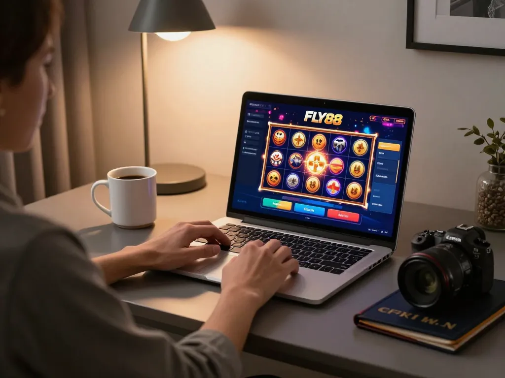 Engaging online gaming session on FLY88 with vibrant slot game visuals and cozy setup