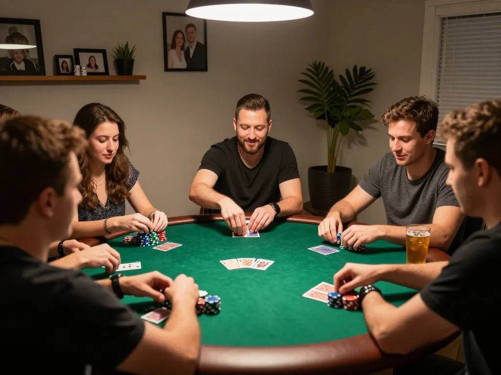Friends enjoying a poker game night at home while strategizing bets on the debet table.