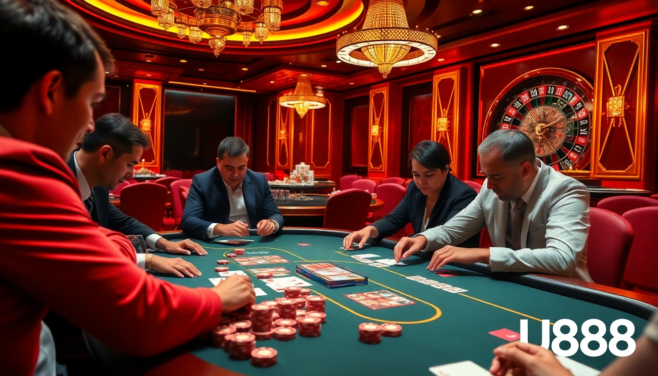 Engaged players strategizing at a U888 poker table, highlighting intense gameplay and vibrant atmosphere.