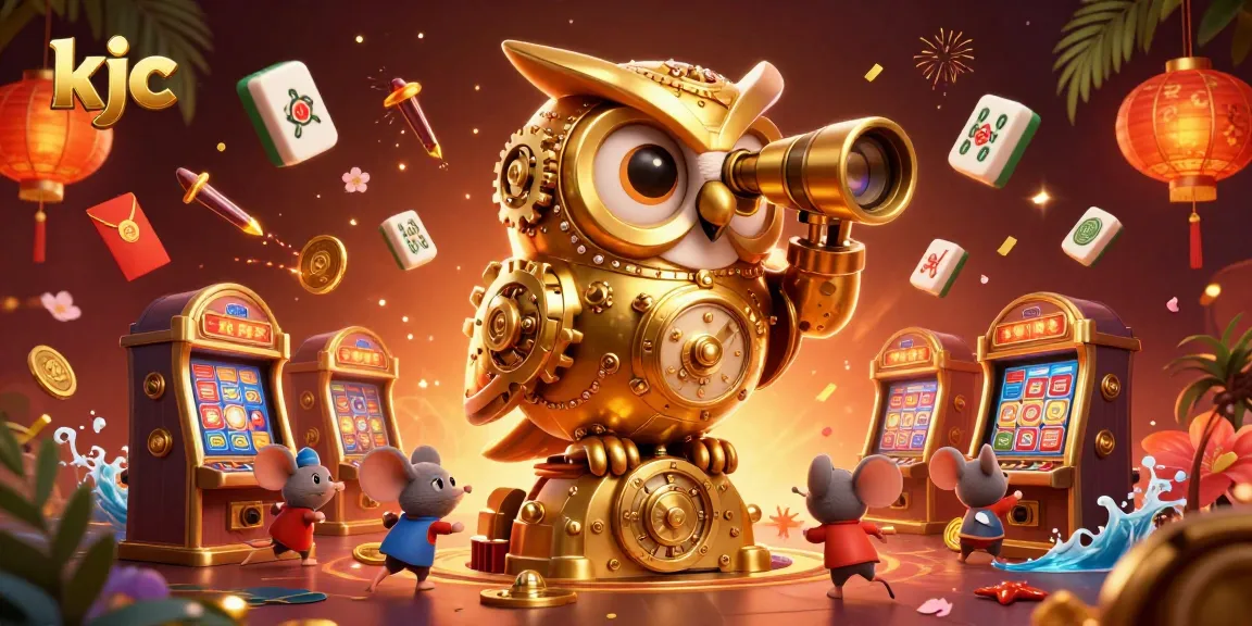 Spin and win with kjc's animated golden owl and vibrant casino scene