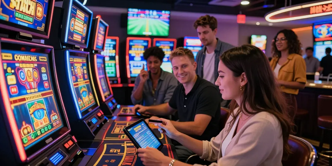 Engaging scene of players at a credit card casino, showcasing vibrant gaming and social interaction inspired by being-there.org.uk.