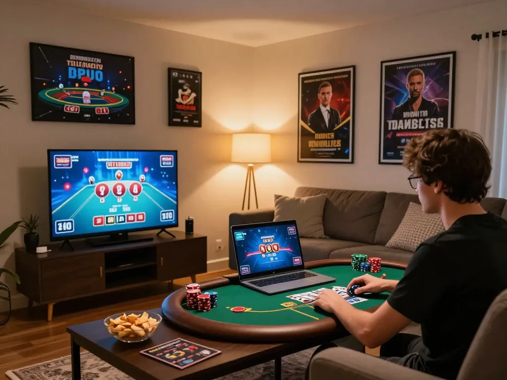 Player enjoying thrilling poker game on laptop with snacks nearby at 789club