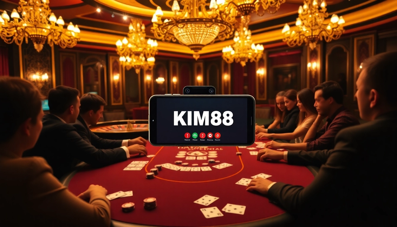 Action-packed poker game at KIM88 casino with vibrant decor and mobile betting interface.