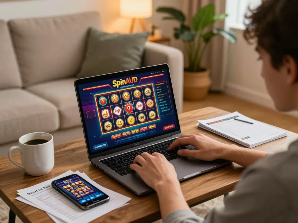 Engaged player using SpinAUD for online casino gaming, showcasing cozy home environment and gaming interface.