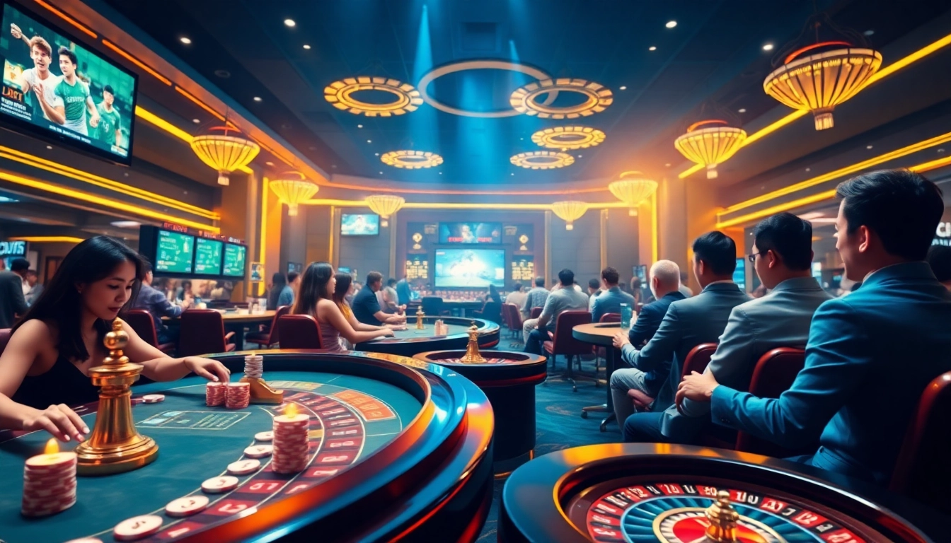 Casino scene featuring players at luck8win.live enjoying various games, showcasing excitement and luxury.