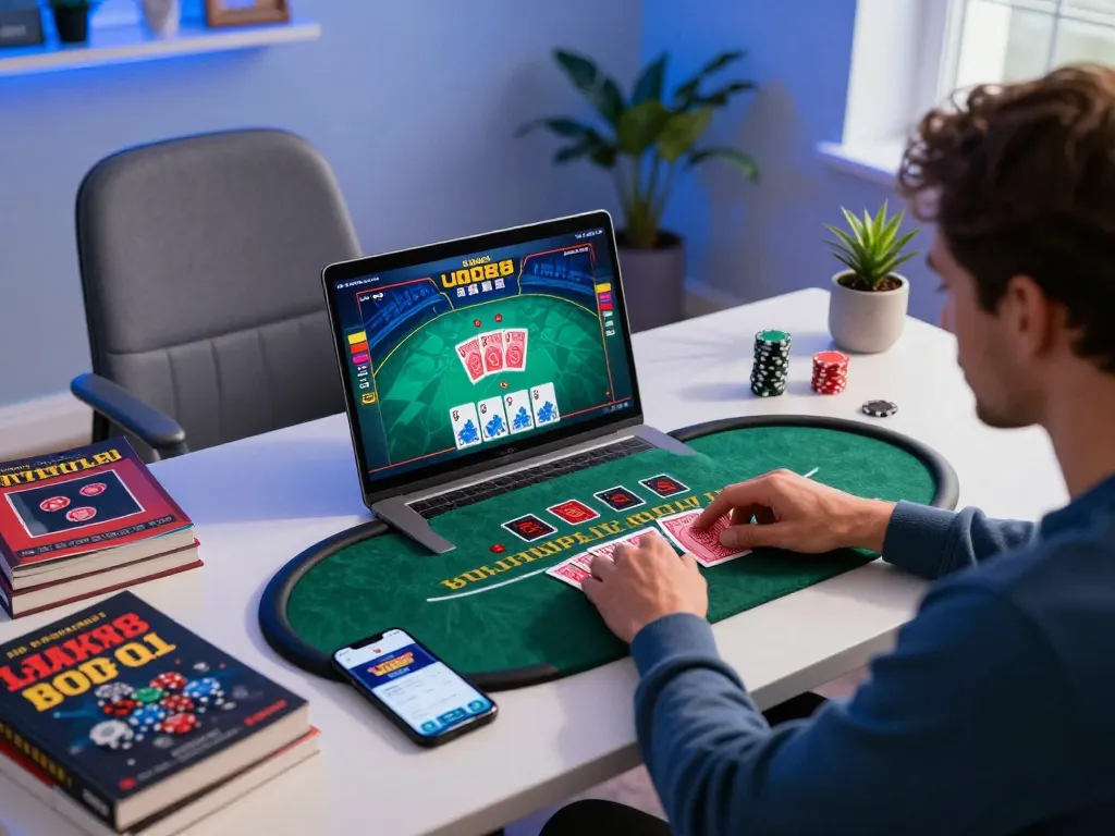 Người chơi LUCK8 đang tận hưởng blackjack nhà cái trực tiếp tại nhà, nhấn mạnh chơi game có trách nhiệm.