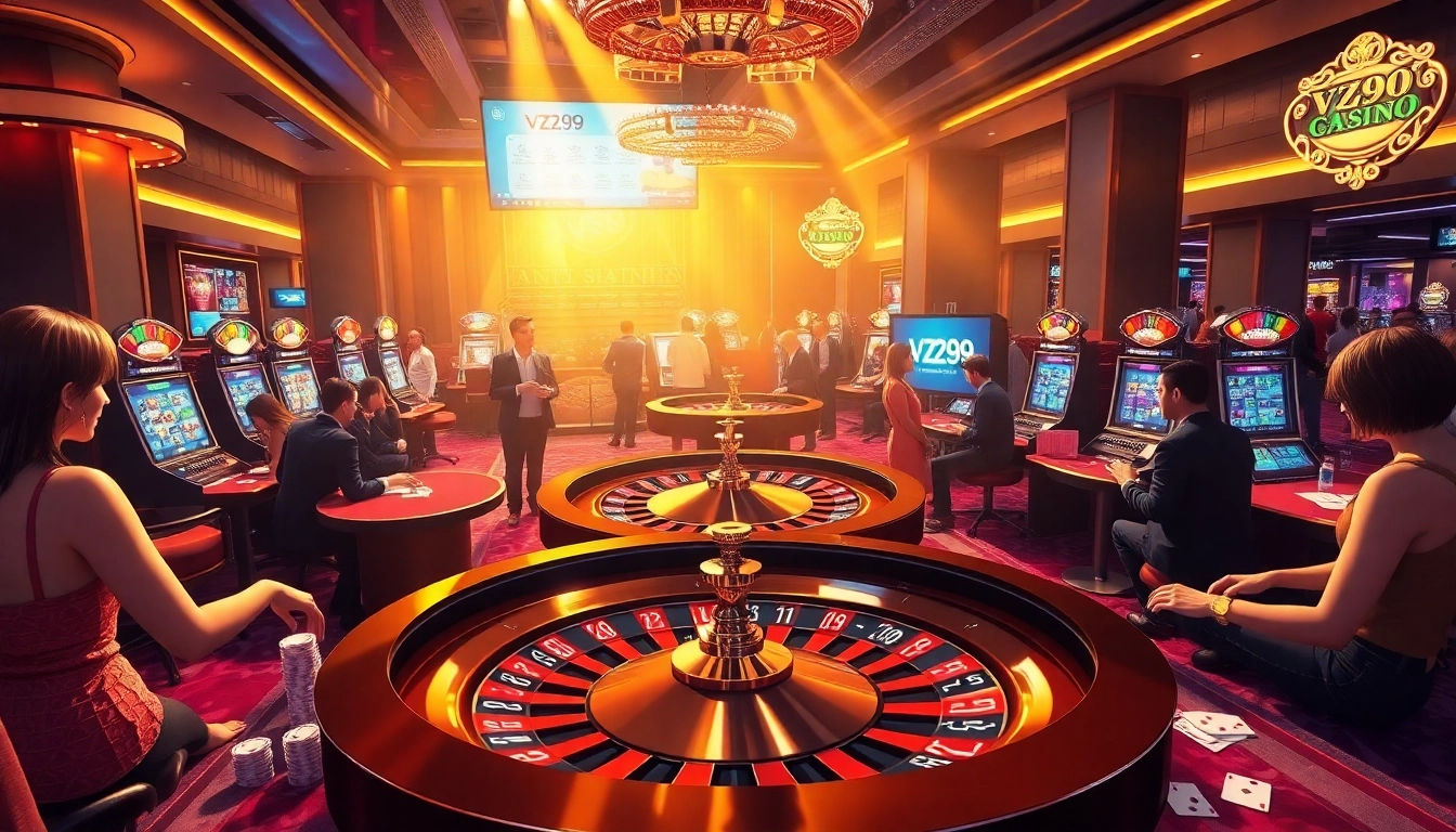 Experience the excitement of vz99 at a luxurious casino with vibrant roulette tables and colorful chips.