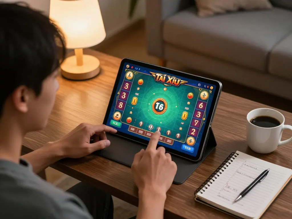 A player enjoying Tài Xỉu online at taixiuonline8, featuring a tablet, strategy notes, and warm ambiance.