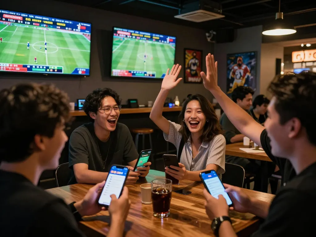 BJ88 users engaging in live sports betting at a lively venue, cheering for their favorite teams