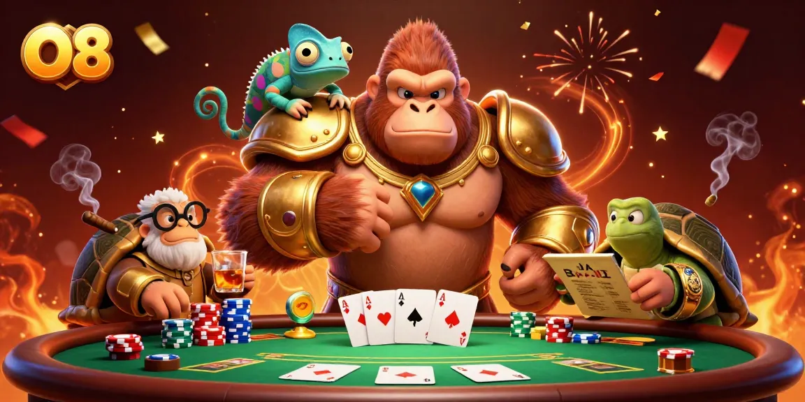 Join the excitement of O8 with a powerful king gorilla and colorful chameleon at a thrilling poker table.