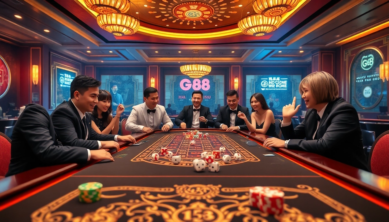 Players enjoying a thrilling game of go88 tài xỉu at a luxurious casino table, highlighting the excitement of gambling.