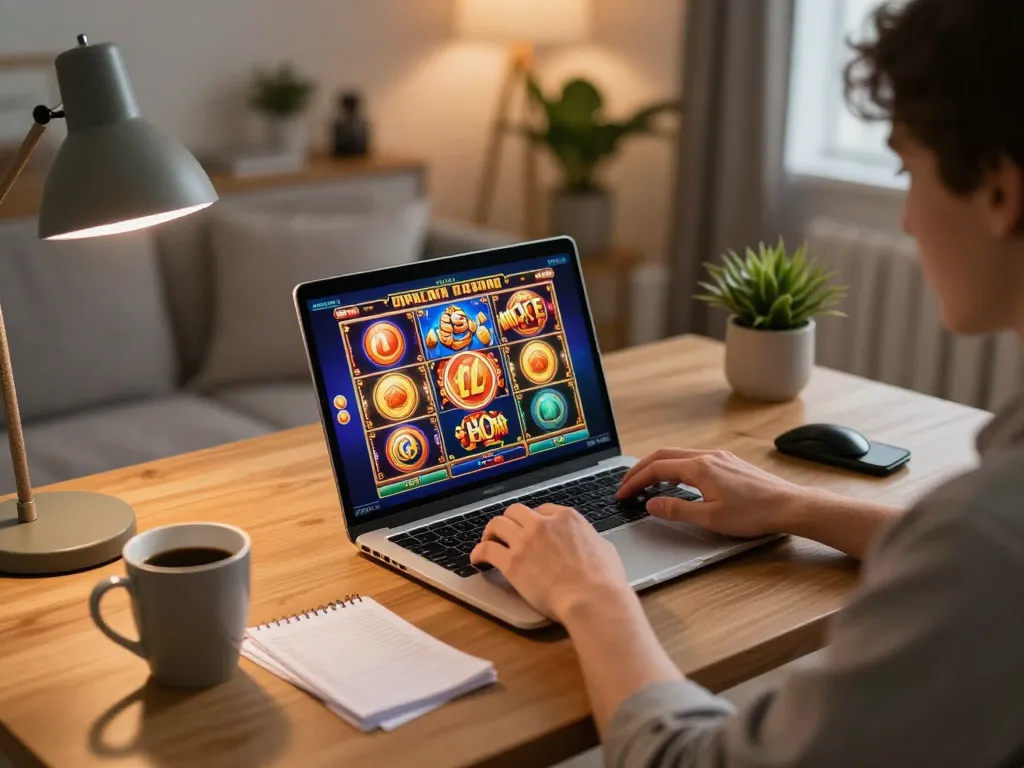 Scene yang menarik dari pengaturan permainan di rumah dengan laptop yang menampilkan aksi slot online, menyoroti permainan strategis.
