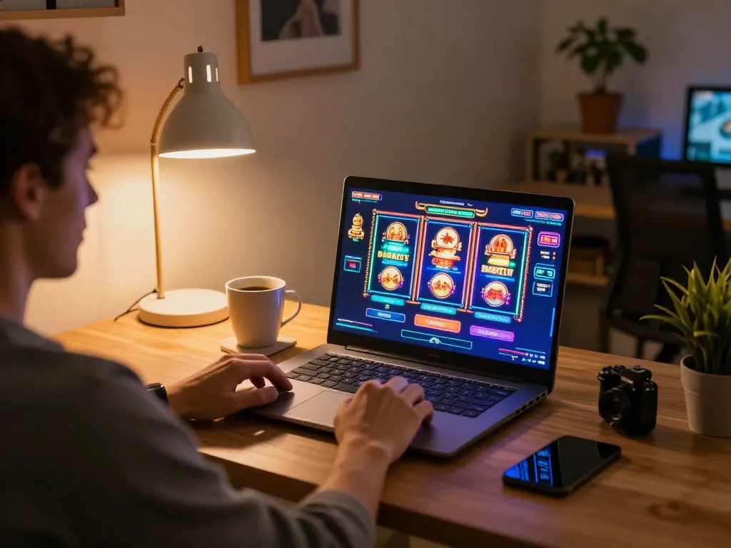 Person playing kuwin online casino games on a laptop in a cozy home office setup