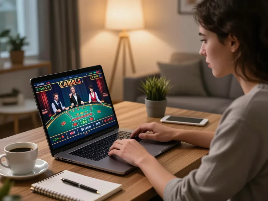 Player engaging with GG88 live dealer game on laptop, showcasing excitement in a modern workspace.