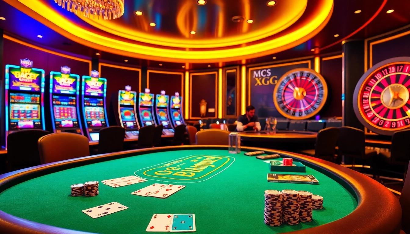 Casino excitement at XXGG with luxurious gaming tables, cards, and roulette wheels.