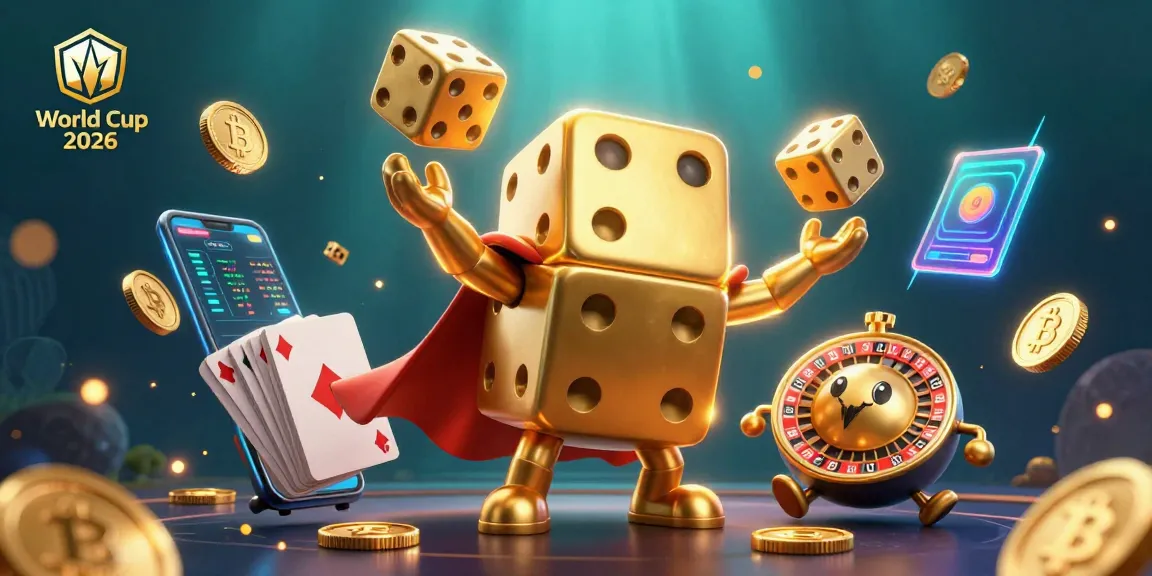 Engage with World Cup 2026 through a vibrant scene featuring a golden dice golem, surrounded by Bitcoin, Ethereum, and neon game symbols.