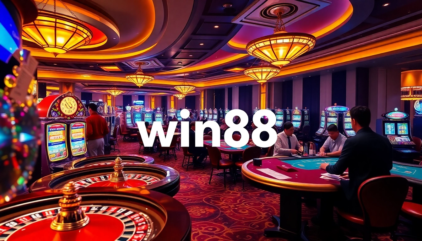 Experience thrilling gaming at win88 casino, showcasing lively tables and exciting slot machines.