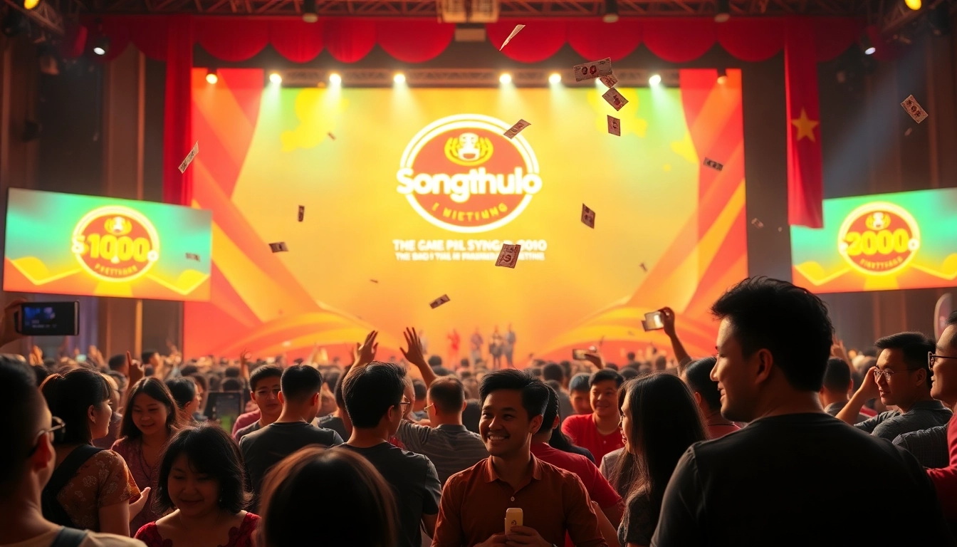 Dynamic lottery drawing scene featuring Songthulo, vibrant audience, and winning numbers.
