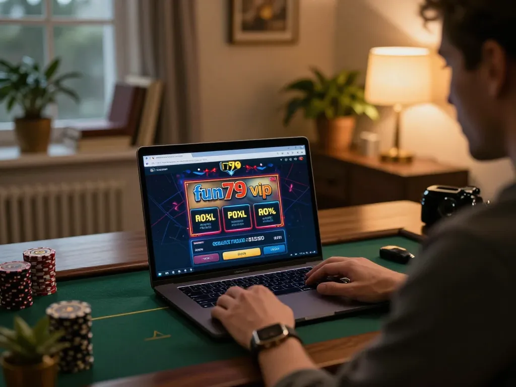 Enjoying fun79 vip casino gaming on a laptop in a stylish home setting, emphasizing strategic play.