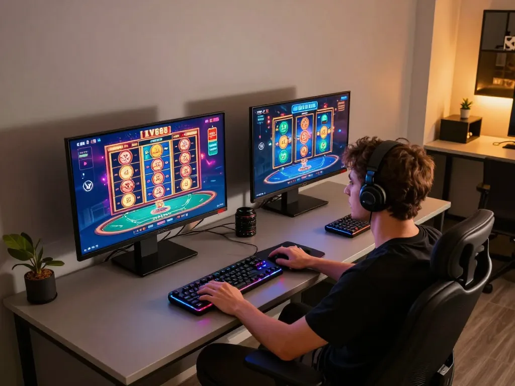 Player engaging with LV88 online casino interface, vibrant gameplay, and modern decor in a cozy gaming setup.